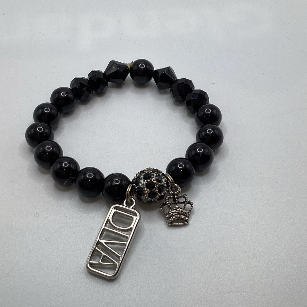 Black Beaded Stretch Bracelet with 'DIVA’ and Crown Charms